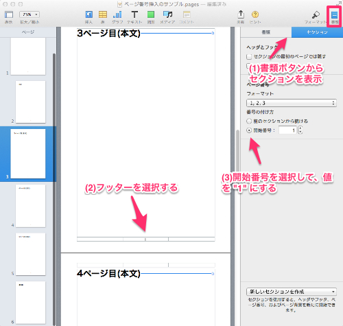 Pages表紙にページ番号はいらない セクションで異なる設定をする